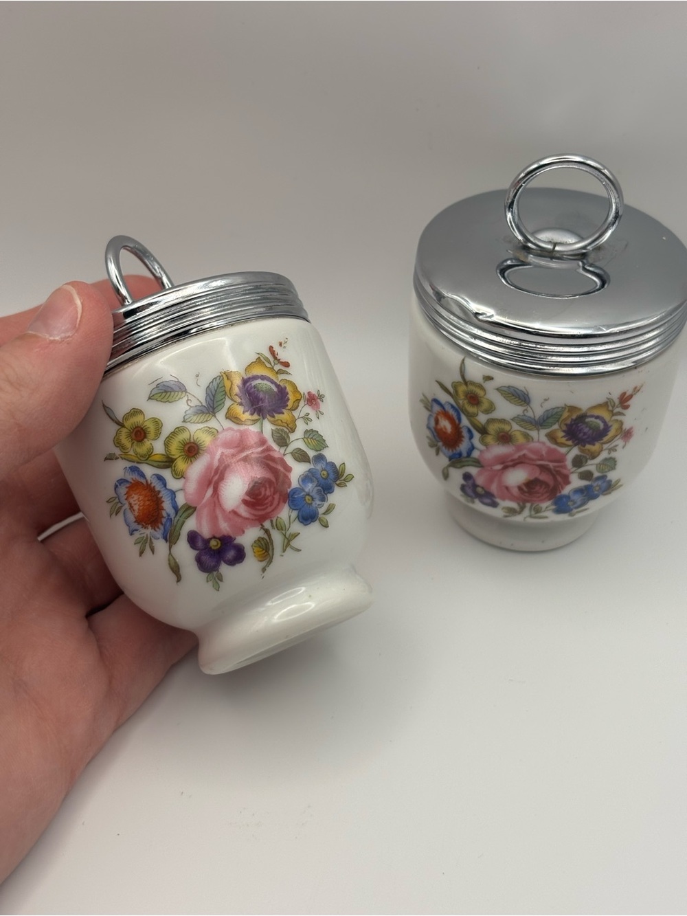 Vintage Royal Worcester Set of 2 Egg Coddler Porcelain Pot with Floral Design